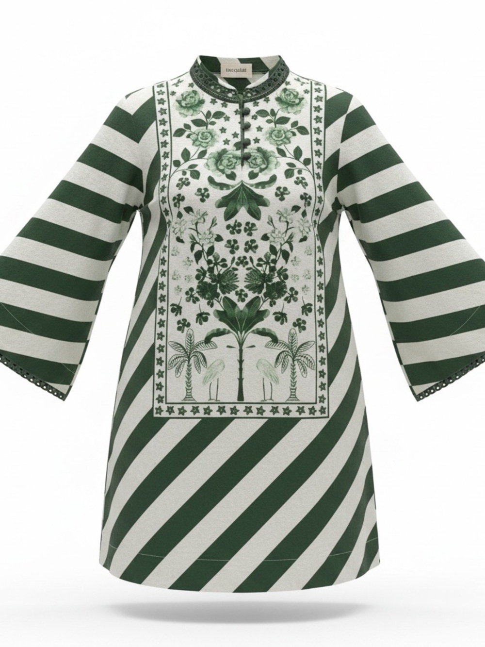 Verandah Green & White Linen Printed Mini Tunic Dress / Kaftan
